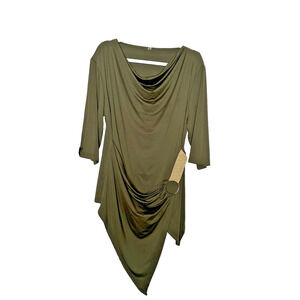 Rose Gal Olive Green Asymmetrical Tunic Top Drape Cowl Neck 3/4 Sleeve Size 2XL